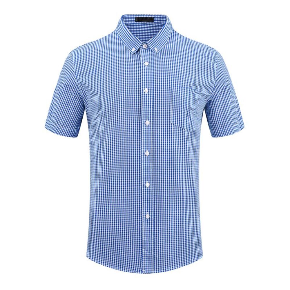 Gingham Tartan Short Sleeve Slim Fit Business Plaid Dress Shirt Navy Blue